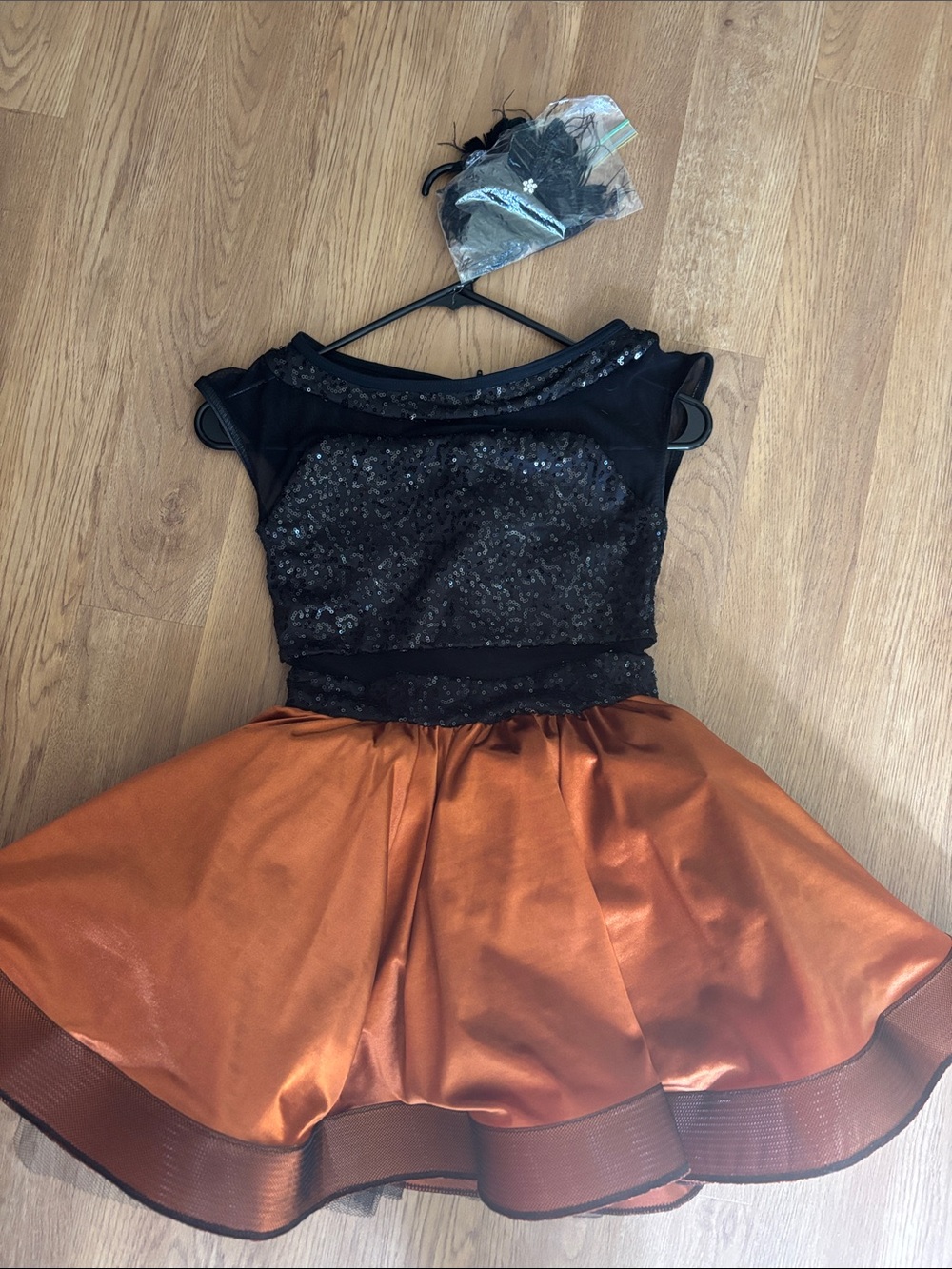 Kids Black Sequin & Orange Satin Costume Dress with Headpiece